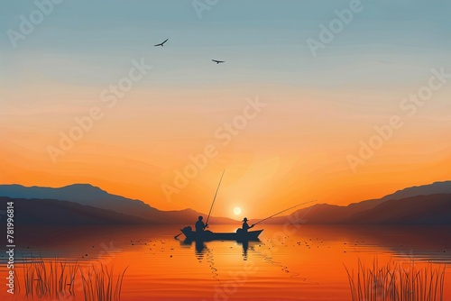 Serene lake fishing at dawn, tranquil, nature, leisure