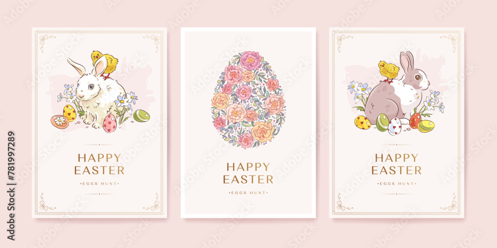 Happy easter postcard, web banner, poster, flyer or greeting card set with hand drawn easter bunny, easter egg, chicken and flowers. Vector illustration