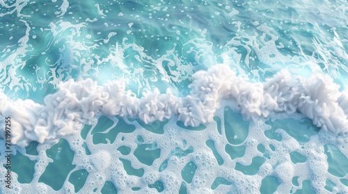 Foamy blue ocean water splashing down on transparent background. Natural nautical frame, spume froth design element, realistic 3D modern illustration.