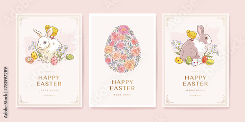 Happy easter postcard  web banner  poster  flyer or greeting card set with hand drawn easter bunny  easter egg  chicken and flowers. Vector illustration