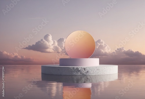 Luxury marble rounded podium with circle for product placement display on water surface. Trendy neutral aesthetic mockup template for beauty and cosmetics scene. Pink sunset. Ai generation