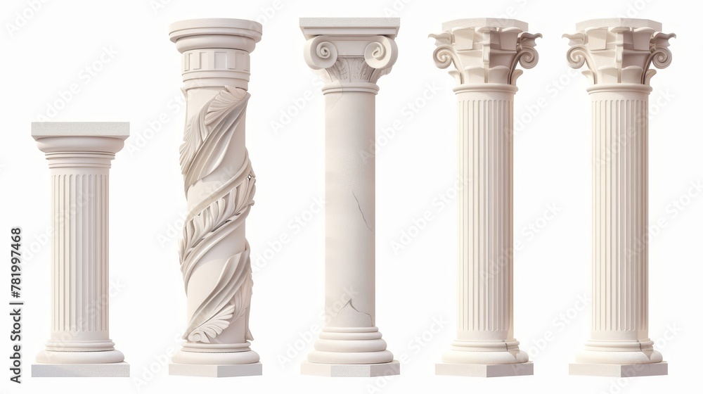 Isolated ancient pillars on white background. Ancient classic stone columns with twisted and groove ornament for interior facade design.