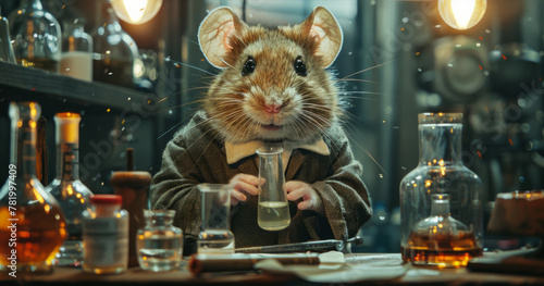 A mouse, a hamster alchemist with test tubes in his hands conducts experiments in the laboratory with a vaccine.