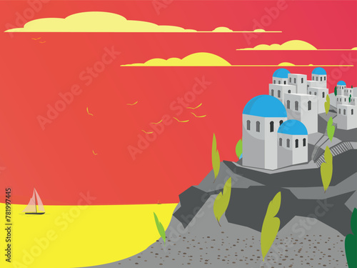 Travel Icon place Greek island Santorini with sea and sailing boats. Vector Illustration	