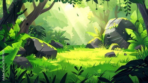 In the sunshine  a forest glade with green grass in the shade  a jungle  a garden  or a park. Modern cartoon illustration of a woods landscape with trees  lianas  stones  and sunlight spots on the