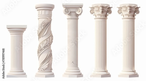 Isolated ancient pillars on white background. Ancient classic stone columns with twisted and groove ornament for interior facade design.
