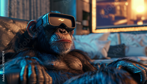 a monkey wearing virtual reality glasses sits on a chair in the house.