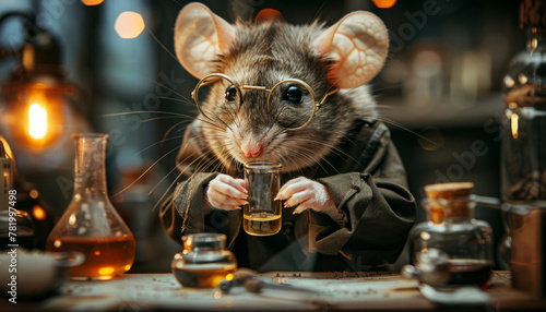 A mouse, a hamster alchemist with test tubes in his hands conducts experiments in the laboratory with a vaccine. © Marina