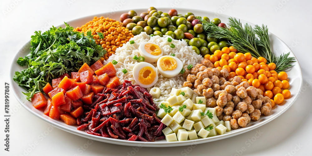 jumble salad in piles on a platter in a circle
  various vegetables laid out,