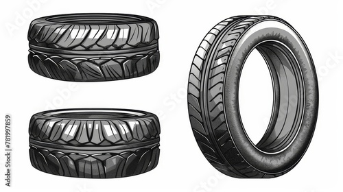 Tracks of black car tires on a dirt road or dirt surface. Footage from grungy tire treads isolated on white background. Modern graphic set of tread marks in top view and perspective view. photo