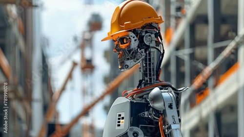 A robot wearing a yellow helmet stands in front of a building, it is working in a construction site photo