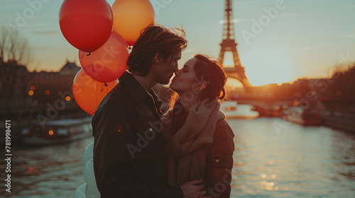 Fototapeta Naklejka Na Ścianę i Meble -  Loving couple with bunch of colorful balloons kissing near the Eiffel tower in Paris, France.