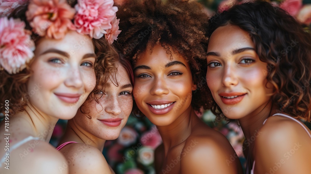 Three Happy Young Women with Floral Headbands Three Happy Young Women with Floral Headbands