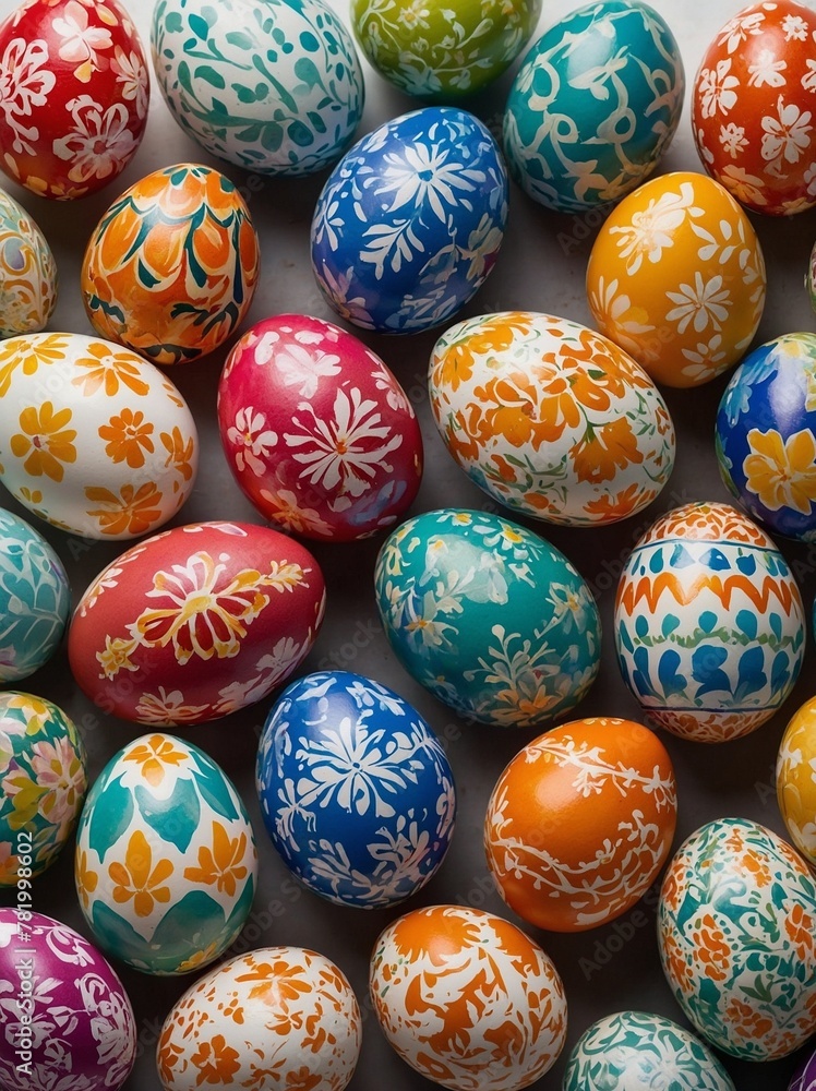 Collection of intricately designed easter eggs fills frame, each adorned with elaborate patterns, vibrant hues. Eggs painted in variety of colors including red, blue, green, yellow, orange. Collection of intricately designed easter eggs fills frame, each adorned with elaborate patterns, vibrant hues. Eggs painted in variety of colors including red, blue, green, yellow, orange.