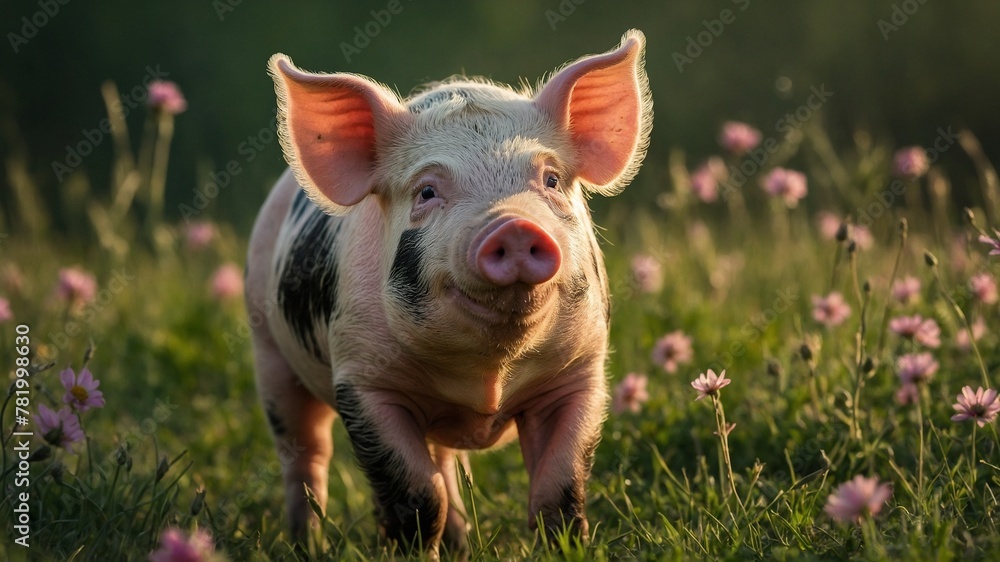Pig with large, floppy ears, pink snout captured mid-stride, walking through field adorned with blooming pink flowers under gentle embrace of golden hour sunlight. Pigs skin mix of pink. Pig with large, floppy ears, pink snout captured mid-stride, walking through field adorned with blooming pink flowers under gentle embrace of golden hour sunlight. Pigs skin mix of pink.