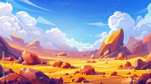 Golden sand dunes and stones under a cloudy sky. African or Mexican deserted landscape background with yellow sandy hills in parallax. Cartoon illustration.