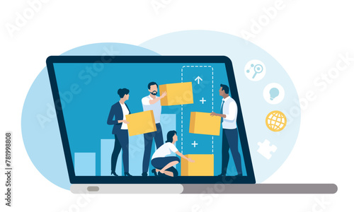 Cooperation online. Working together for success. Teamwork business concept vector illustration.
