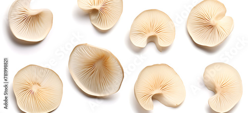 mushroom slices, realistic stock photography, white background, cut mushrooms, generative AI 