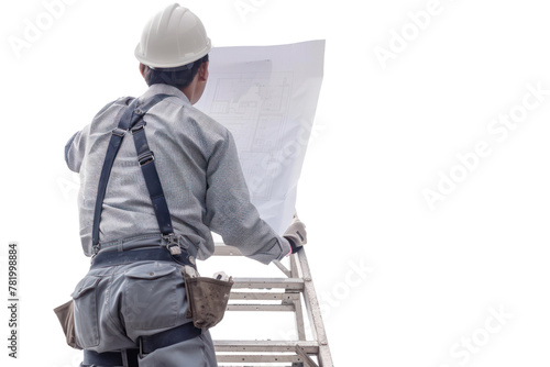 Engineer standing on stairs reading drawings at work isolated on white background.