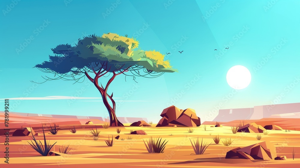 An African savannah landscape is shown under transparent blue skies with a green tree, rocks, and grassland field in the background.