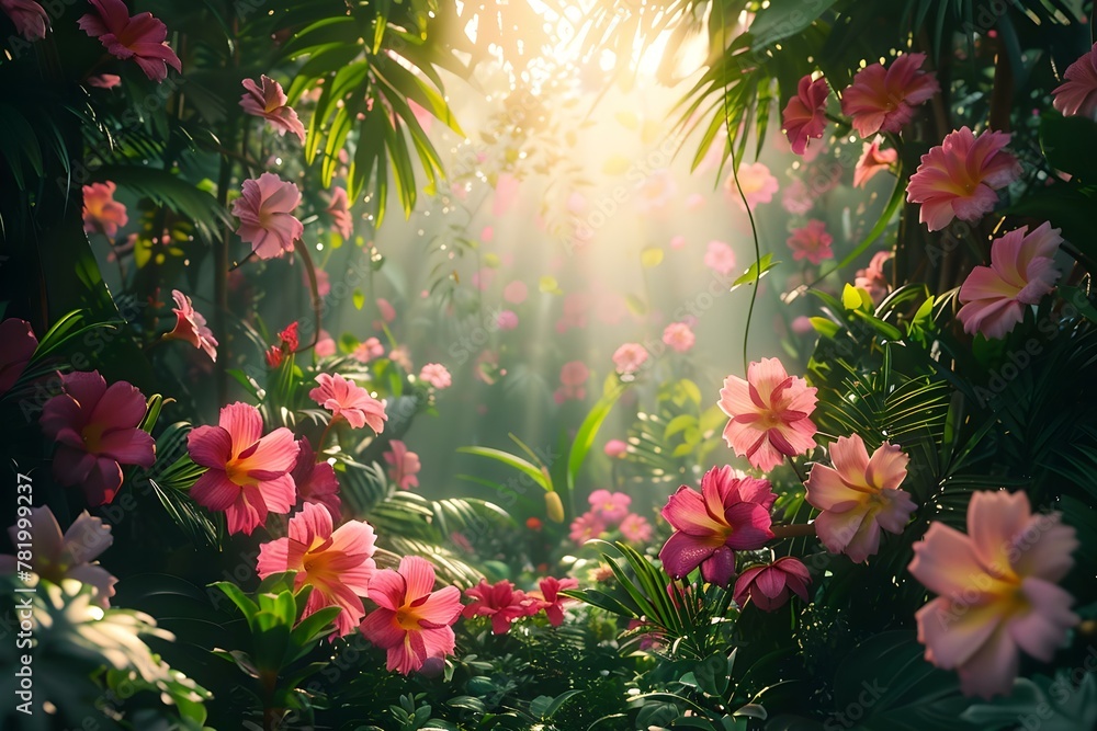 Fototapeta premium Enchanted Jungle Glow: Sunlit Florals and Foliage. Concept Nature Photography, Tropical Vibe, Vibrant Flowers, Natural Light, Botanical Setting