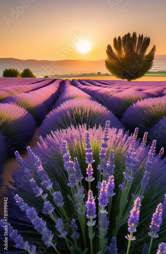 Lavender field in Provence at sunset. Vertical frame. Wallpaper, screensaver, cover, background. 