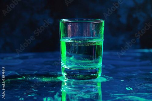 A glass of poison and nuclear polluted water isolated on black, fluorescence radiation effect
