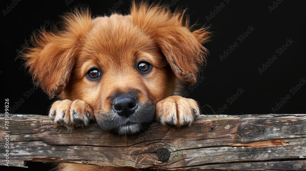 Close up of an adorable puppy dog looks through wooden fence post with wet nose isolated on black background