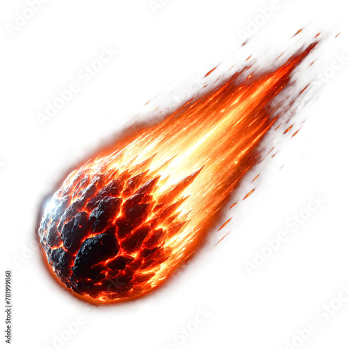 A glowing meteor with a tail of red-hot flames, isolated background, transparent PNG