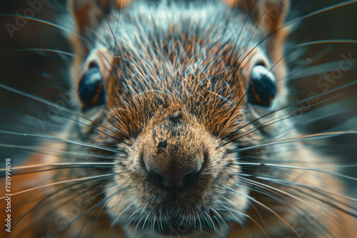 Close-up portrait of a curious squirrel. Detailed image of the muzzle. A wild animal is looking at something