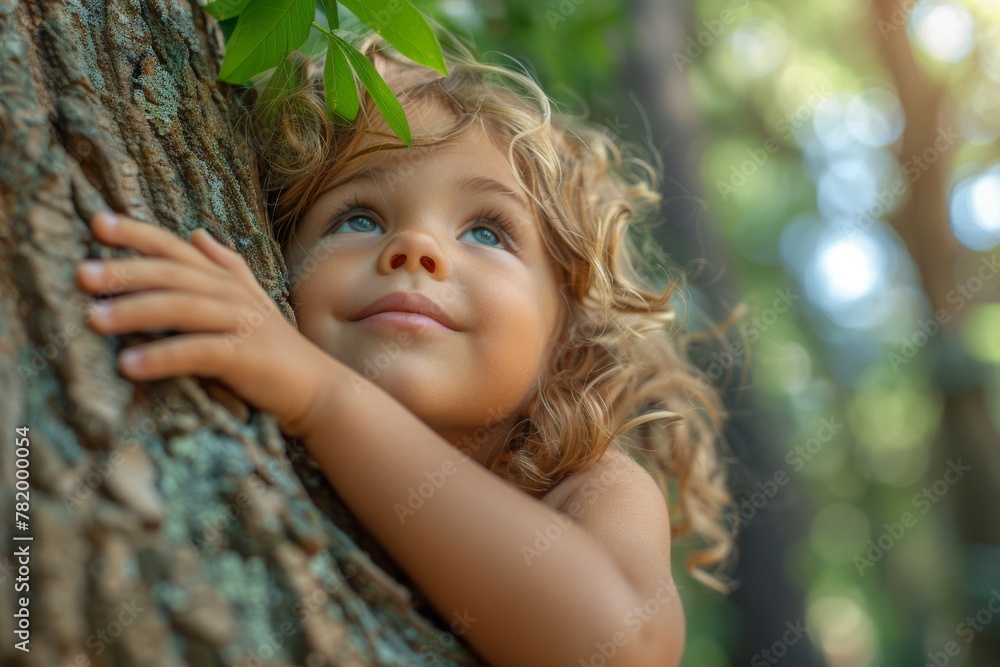 A curly-haired child gazes upward, lightly grasping a tree amid lush green leaves, an image of wonder and natural beauty A curly-haired child gazes upward, lightly grasping a tree amid lush green leaves, an image of wonder and natural beauty
