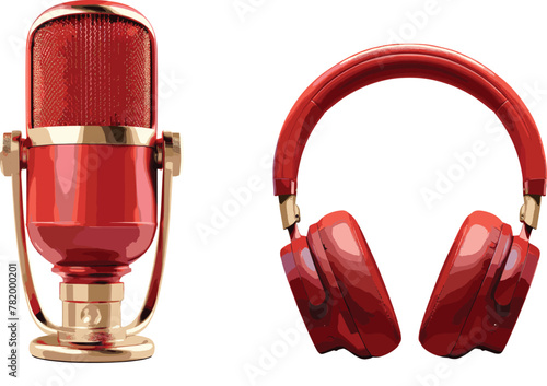Broadcast Professional Microphone and Red Headphones Set,Generic Design Icons for Music Listening, Podcasts, and Social Media Streaming, Isolated on Transparent PNG Background