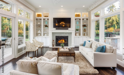 an elegant living room in the style of modern farmhouse, with white walls and beautiful dark wood floors and large windows overlooking trees