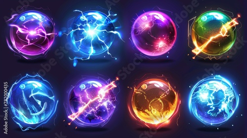 Modern cartoon set of glowing orbs with light effect, liquid plasma and fire. Fantasy shiny circles for game design. Mystic spheres, energy balls with mystic glow, lightning and sparks.