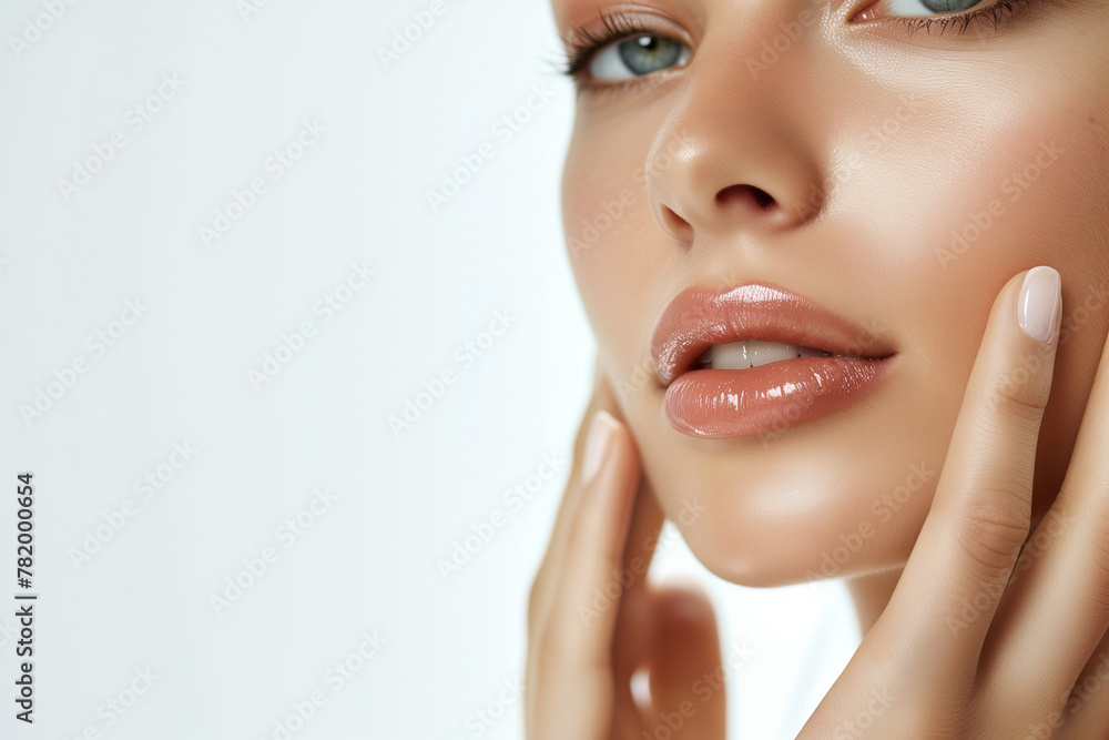 Elegant Close-Up Beauty Portrait Emphasizing a Young Woman's Lips and Manicured Fingers
