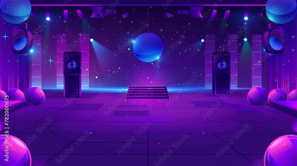 In night club, disco party banner with light ball, speaker. Modern illustration of disco ball, purple invitation poster for music event.