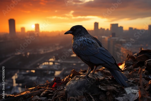 Majestic Raven Overlooking Urban Sunset Skyline