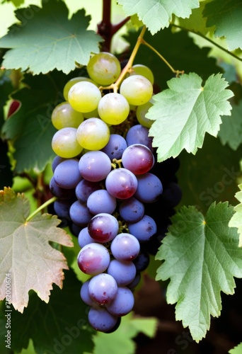 AI generated photo of a cluster of grapes nestled in green leaves
