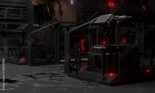 General base of operations control room interior in dark scene 3d render wallpaper background