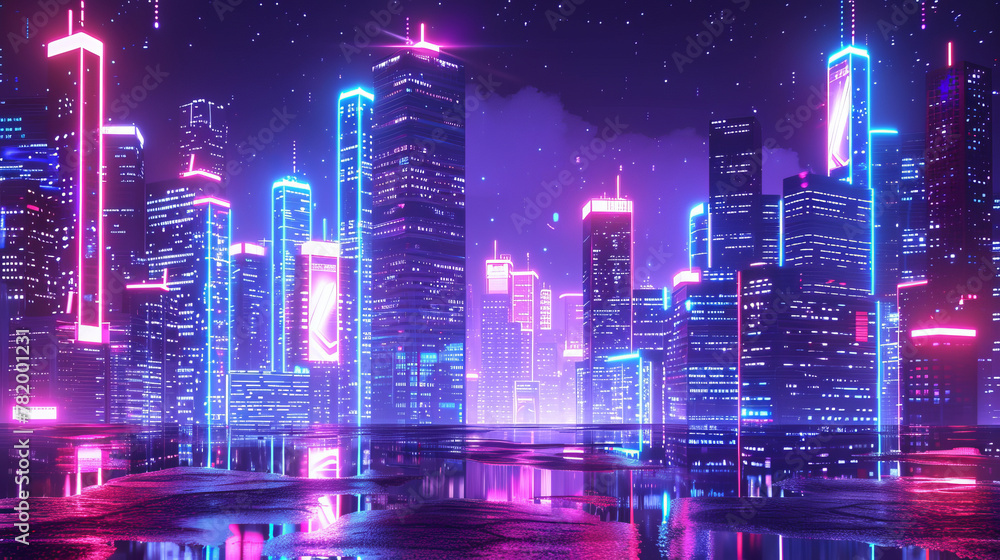 Cyberpunk neon city night, colorful vintage urban facade background