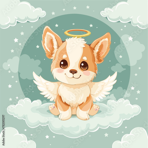 Cute card in kawaii style. Little corgi puppy with angel wings and halo. Happy dog with nimbus