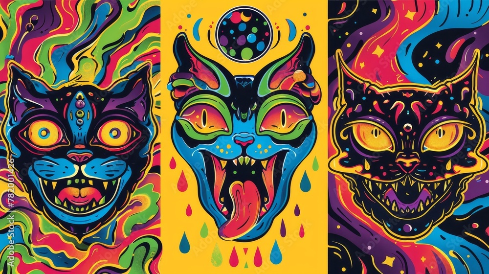 Psychedelic rave trip banner template set, martian head and cat with three eyes, mouth with tongue and disco ball with acid backgrounds. Modern cartoon hippie posters.