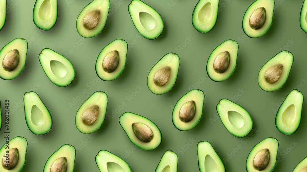 Fresh avocado pattern on a green background flat lay, seamless pattern design