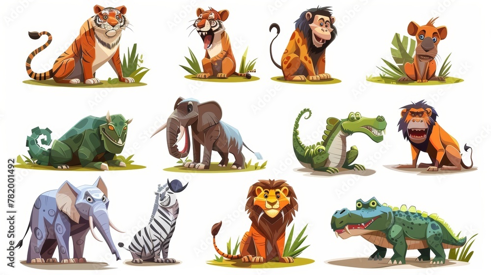 Fototapeta premium A cartoon set of wild animals including a tiger, monkey, zebra, lion, elephant, and crocodile accompanied by predators and herbivores in a zoo or safari park. A set of isolated modern illustrations