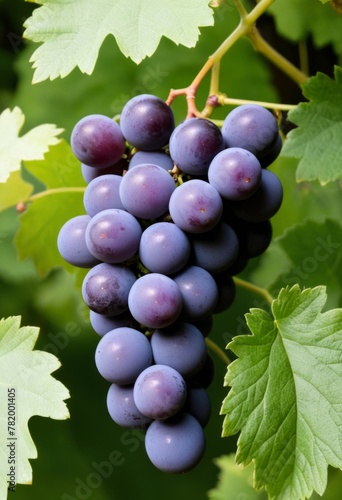 AI generated photo of a cluster of grapes nestled in green leaves
