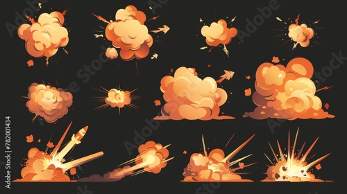 An animation sprite sheet of a bomb explosion sequence. Modern 2D cartoon illustration of dynamite blast, fire explosion and explosion of a rocket. photo