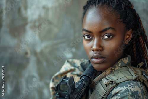 african american woman, special forces soldier, armed woman in black gear holding an assault rifle photo