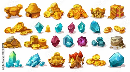 Gold coins, shiny crystals, rubies, emeralds and crystals. A modern cartoon set of game assets showing piles of golden money, crystals, emeralds, and rubies.