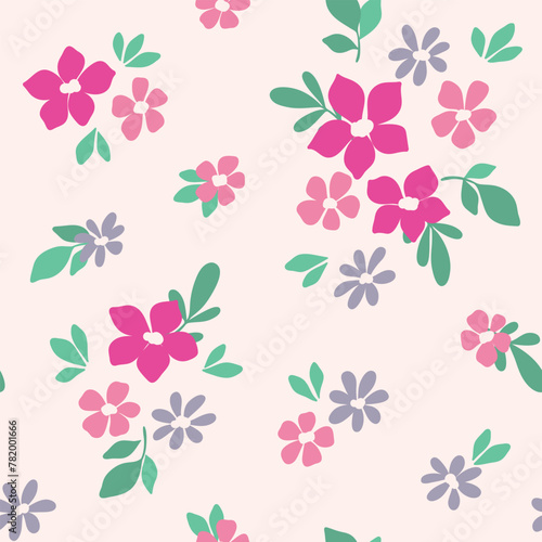 Seamless floral pattern, liberty ditsy print, cute abstract flower ornament in folk motif. Pretty botanical design: small hand drawn flowers, tiny leaves, simple bouquets on white. Vector illustration