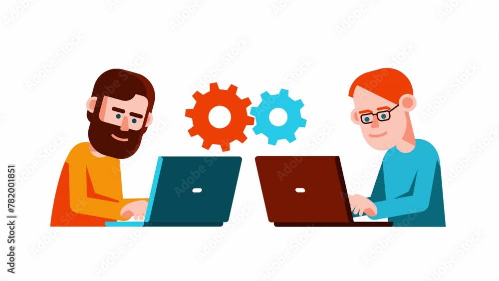 Two man engage in remote teamwork using laptops. Collaboration and freelance work. 2d looped animation with alpha channel Two man engage in remote teamwork using laptops. Collaboration and freelance work. 2d looped animation with alpha channel